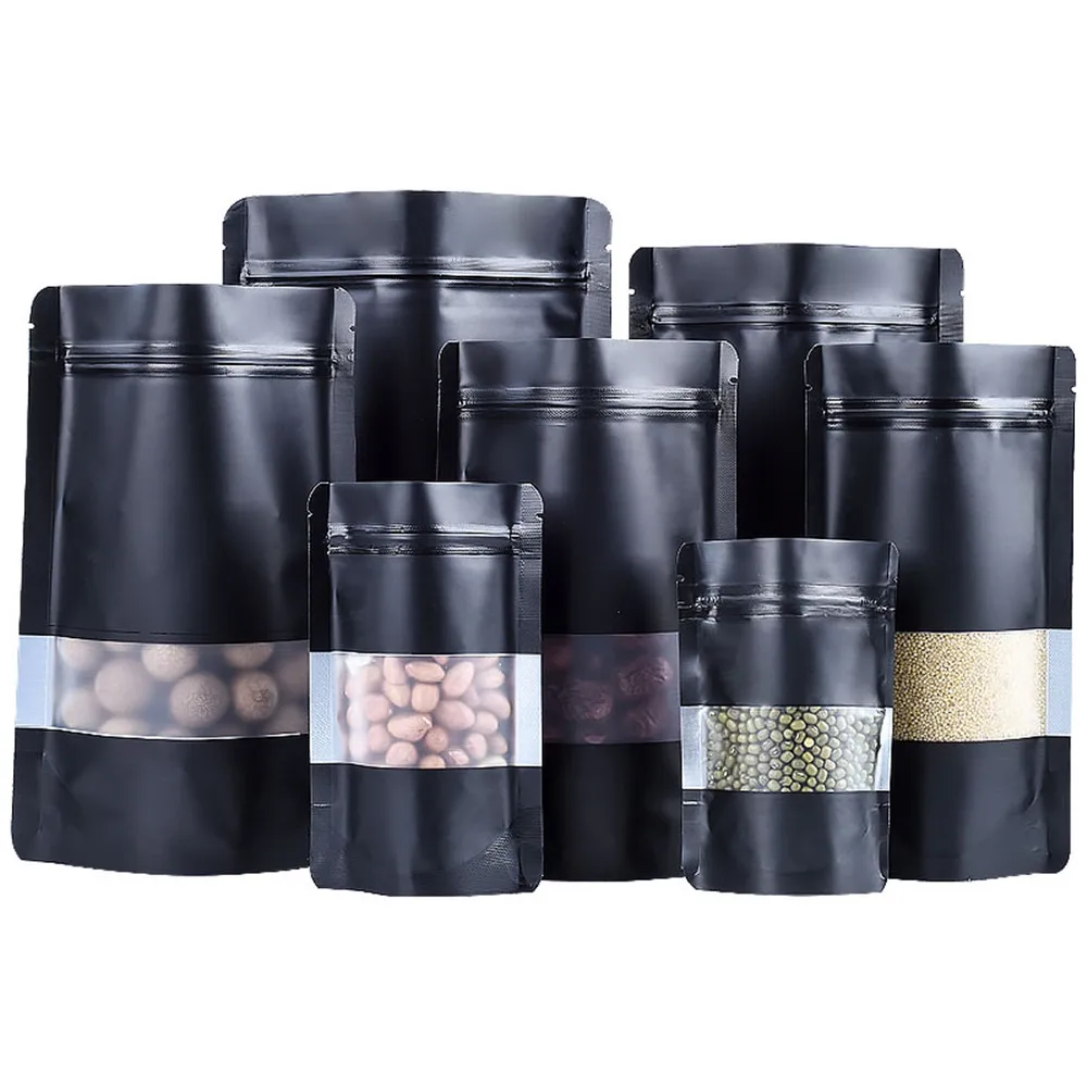 100Pcs/Lot Black Stand Up Aluminum Foil Frosted Transparent Window Food Package Bag Candy Snacks Chocolate Tea Dried Fruits Nuts
