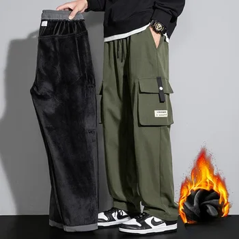 2024 Pantaloni Cargo da Uomo Dritto Fit Gamba Larga Foderato in Pile Pantaloni Maschili di Modo di Inverno Allentato Baggy di Grandi Dimensioni Caldo Streetwear 1