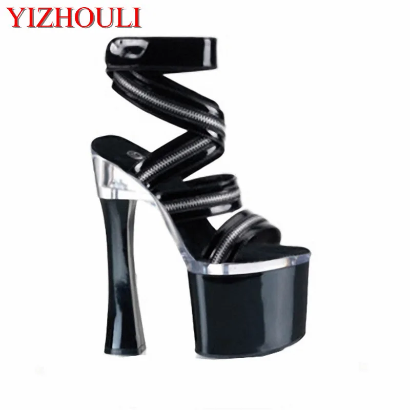 

18 cm square heel sandals, metal zipper uppers embellished sexy heels, club dancers 8-inch platform dance shoes