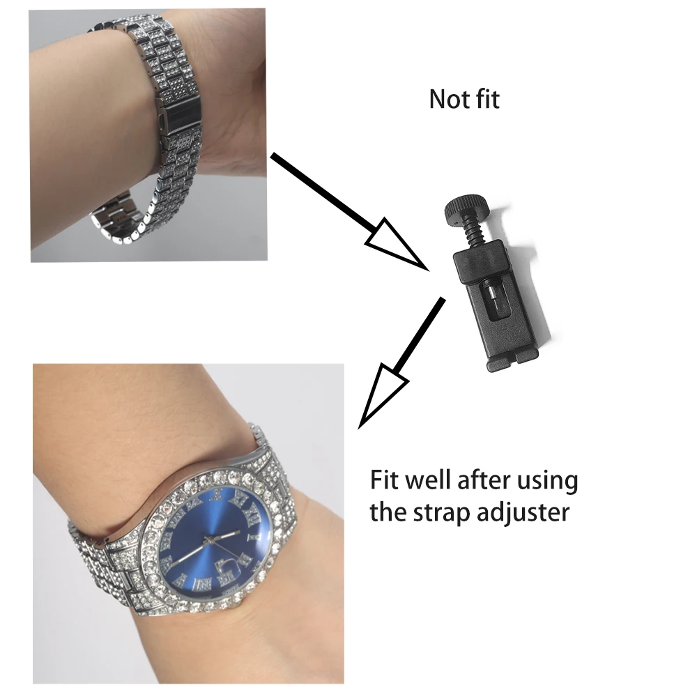 3pcs Men's Silver Watch Set Hip-hop Punk Inlay Diamond Watch+Cuban Chain+Bracelet Comes With Strap Adjuster Stylish Jewelry Gift 6