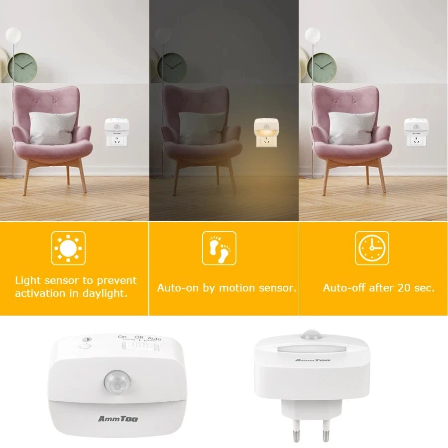 AUVON Plug-in LED Motion Sensor Night Light, Warm White LED