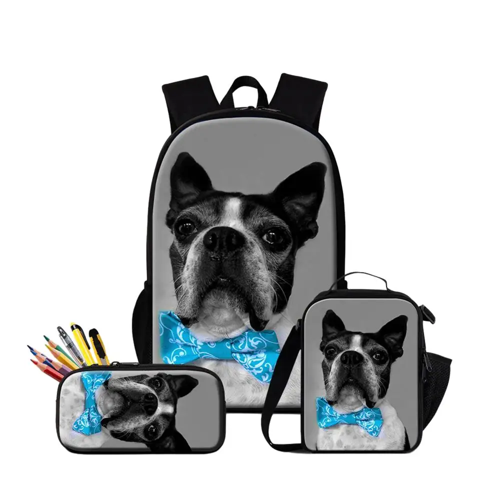 Pug Dog Printing School Backpack With Pencil Case Lunch Bag 3PCS/Set Bookbag For Girls 16 Inch Schoolbag Food Bag For Student