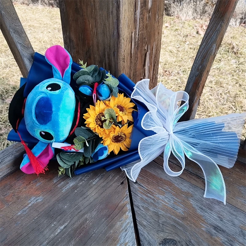 Anime Graduation Stitch Stellalou Plush Doll Toy With Sunflower Handmade Bouquet Stuffed Animals Valentine Christmas Gift 3