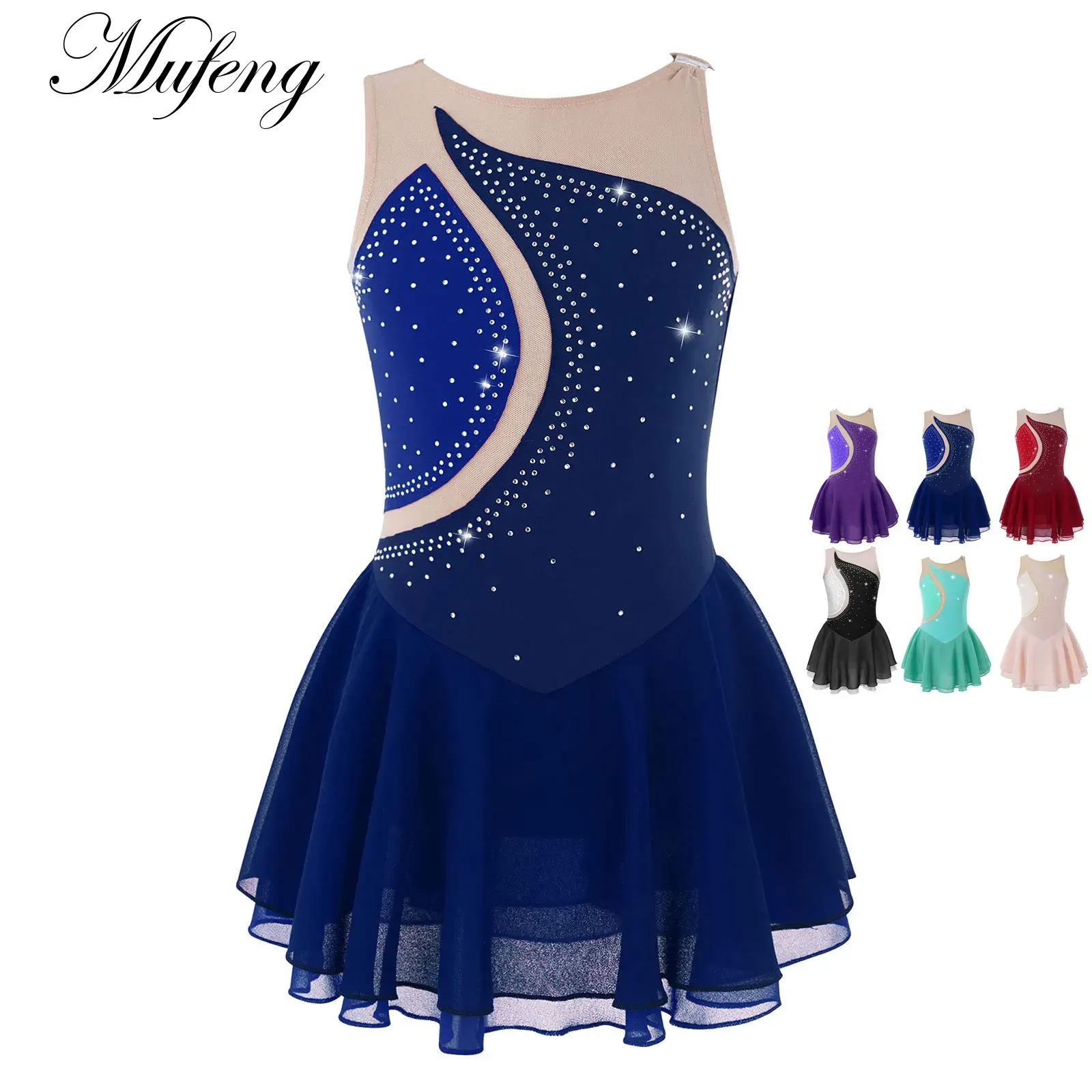 

Figure Skating Dress for Kids Girls Rhinestone Mesh Splice Ballet Dance Dresses Teen Performance Costumes Gymnastics Leotards