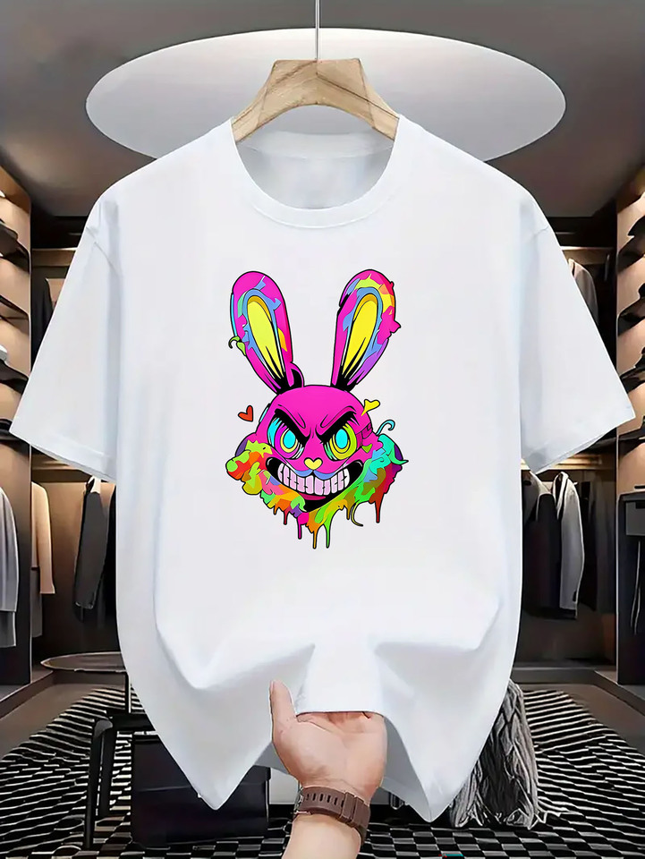 Men's summer 100 cotton fashionable casual sports loose fit plus size angry rabbit print round neck short sleeved T-shirt top