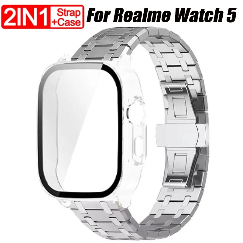 Premium Stainless Steel Band and Tempered Glass Protective Shell with Metal Bracelet Wristband