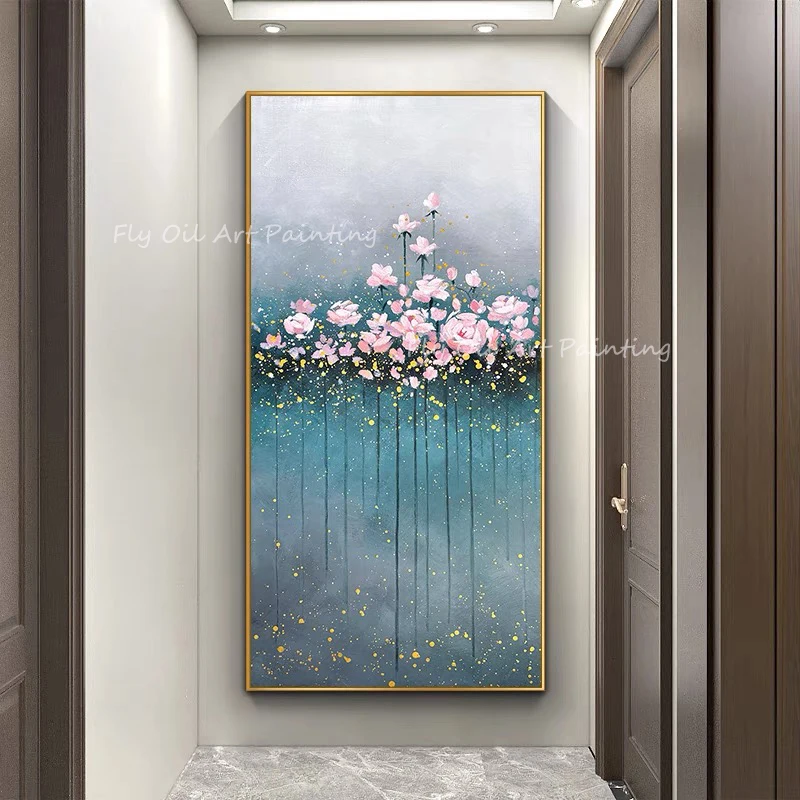 

100% Handmade large size pink flower blue and grey canvas thick modern oil painting for office living room decoration gift