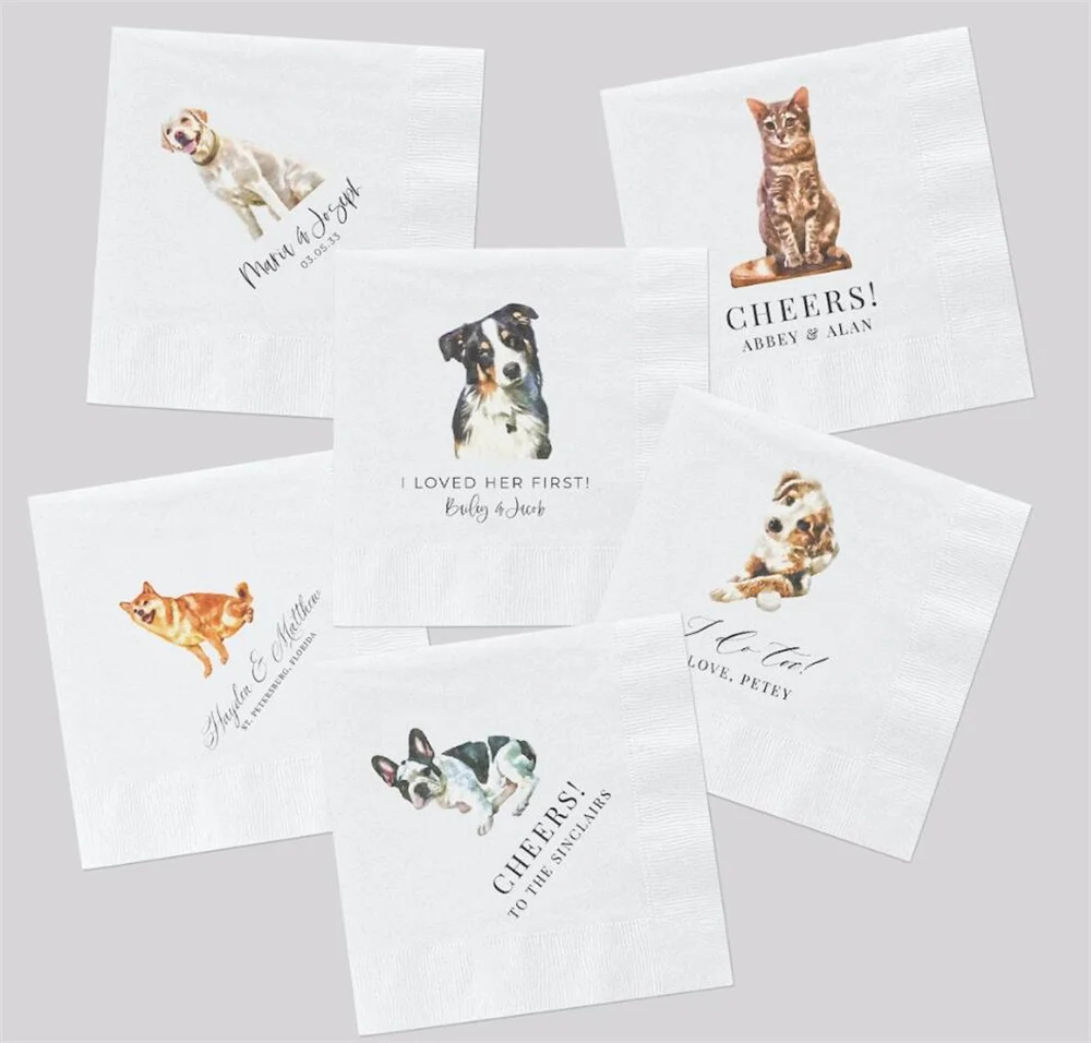 Pet Wedding Napkins 50pcs Full Color Personalized Dog Couple Monogram