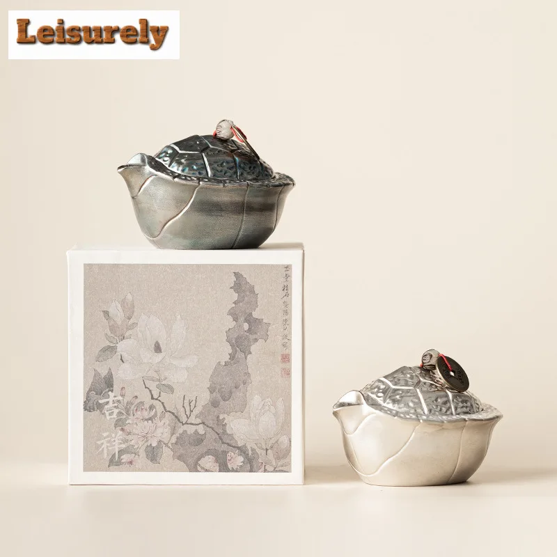 150ml Handmade Gilt Silver Fortune Turtle Hand Grab Teapot Aesthetic Tea Infuser Pot Tea Soaking Kettle With Filter Teaset Gift