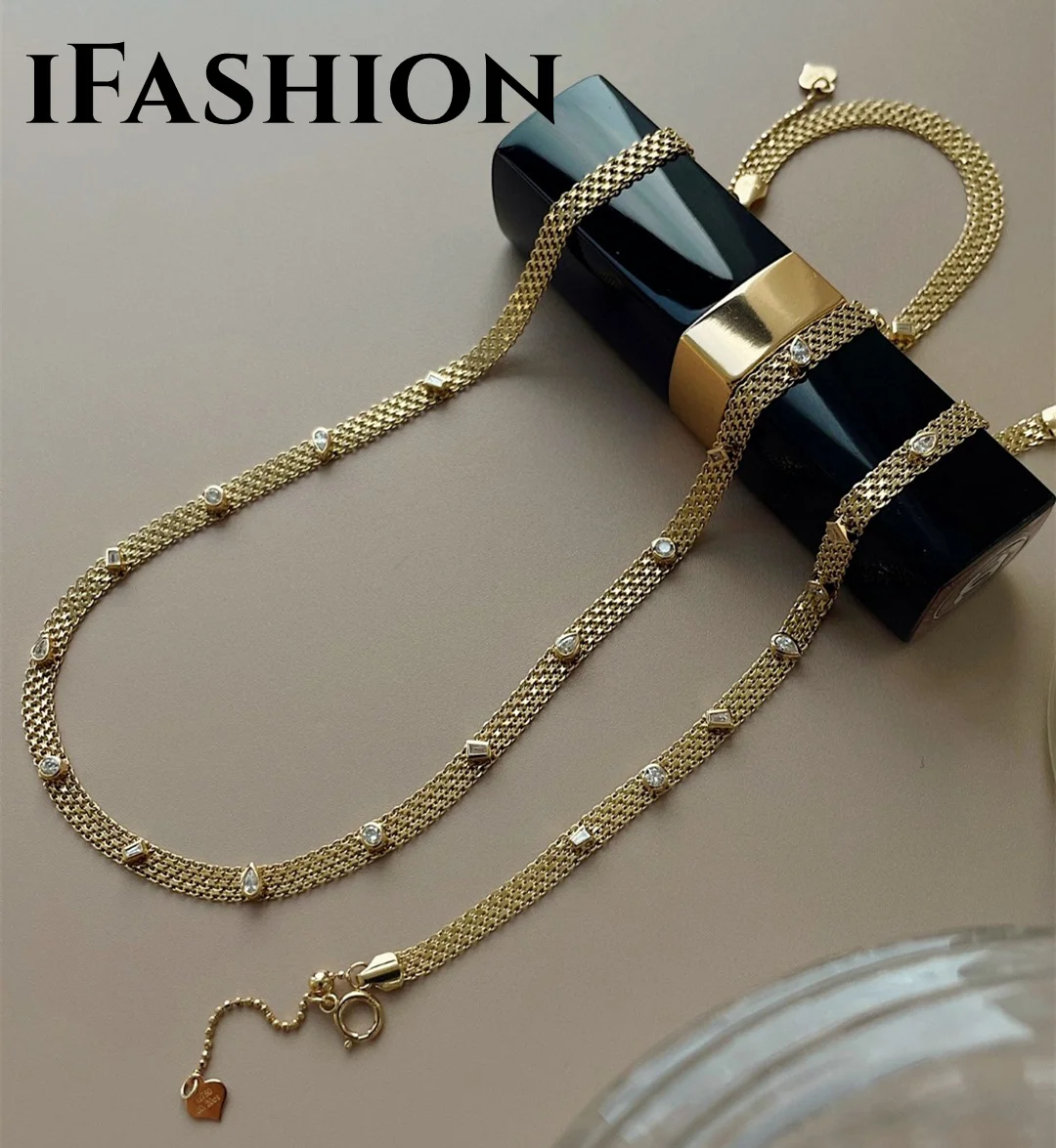 IFASHION 다이아몬드 탱크 체인 목걸이 팔찌, 18k 골드 주얼리 리얼 골드 Au750 웨딩 솔리드 파티 선물 여성 파인 주얼리