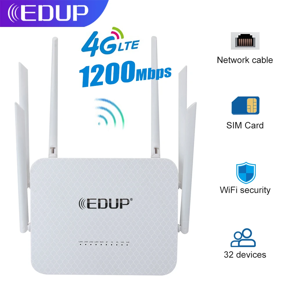 EDUP 4G WiFi 1200Mbps LTE Router Gigabit Băng Tần Kép SIM 4G Hotspot Truy Cập Internet 6 Anten Tăng Cao Nhà portable wifi signal booster