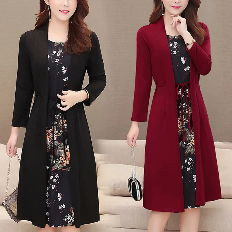 

Temperament Fashion Dress Fake Two Piece Set Autumn Lace Up Waist Small Fragmented Flower Square Neck Long Sleeve Commuter Dress