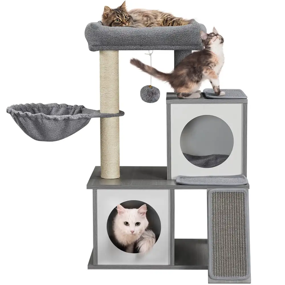 

Multilevel Cat Tree Wooden Activity Tower with Two Condos Perch Scratching Posts Basket, Light Gray