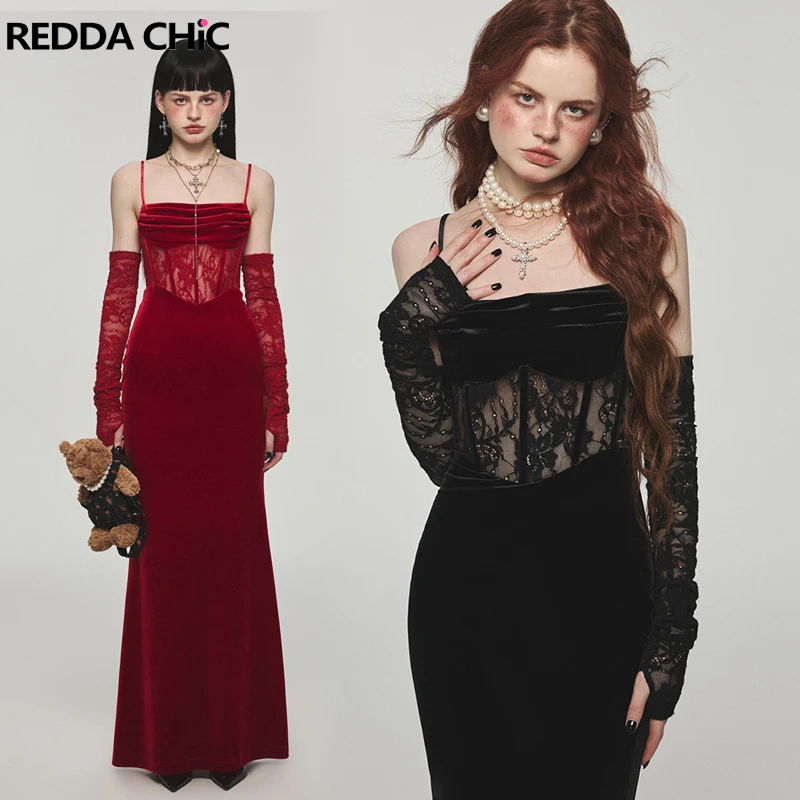 

ReddaChic Women Christmas Red Black Velvet Maxi Long Dress Slit Stitch Sheer Lace Boned Cami Dress Medieval Retro Fishtail Dress