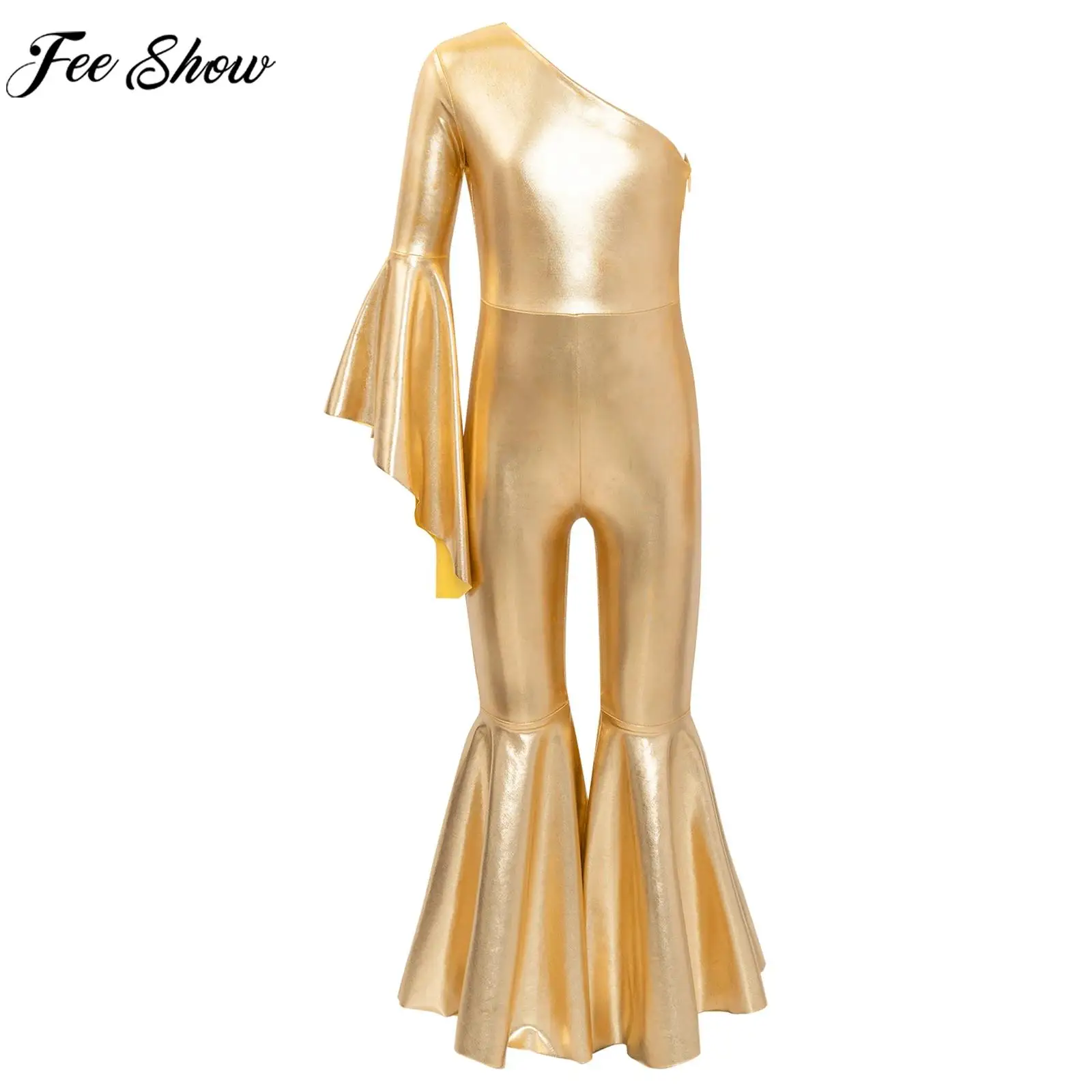 

Kids Girls Cheerleading Jazz Performance Jumpsuit One Shoulder Flare Sleeve Metallic Shiny Bell-Bottom Bodysuit Dancewear