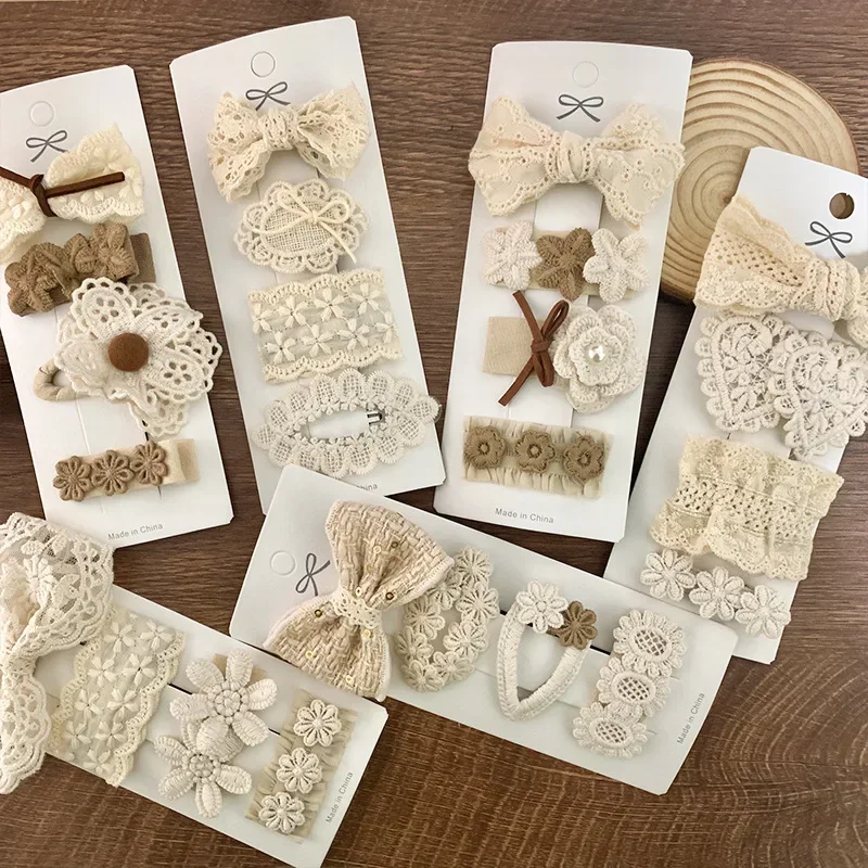 4pcs/set Baby Korean Beige Series Kids Girls Hair Clip Aesthctic Lace Floral Bow Hair Pin for Little Girls Bows Hair Accessories