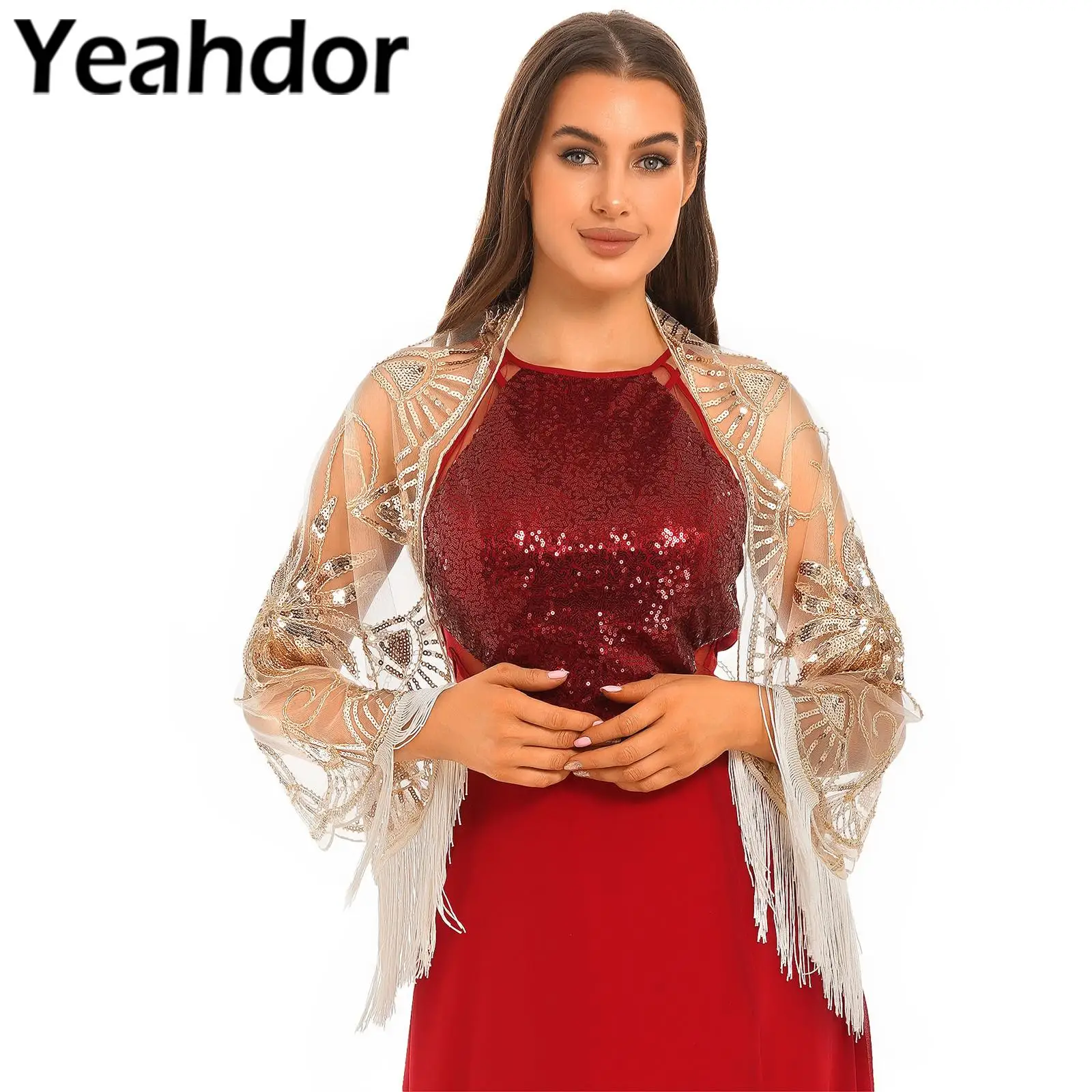 

Womens Vintage Floral Beaded Bolero Shiny Sequin Fringe Tassels Shrug Shawl Bridal Wraps for Wedding Party Evening Cape Cover Up