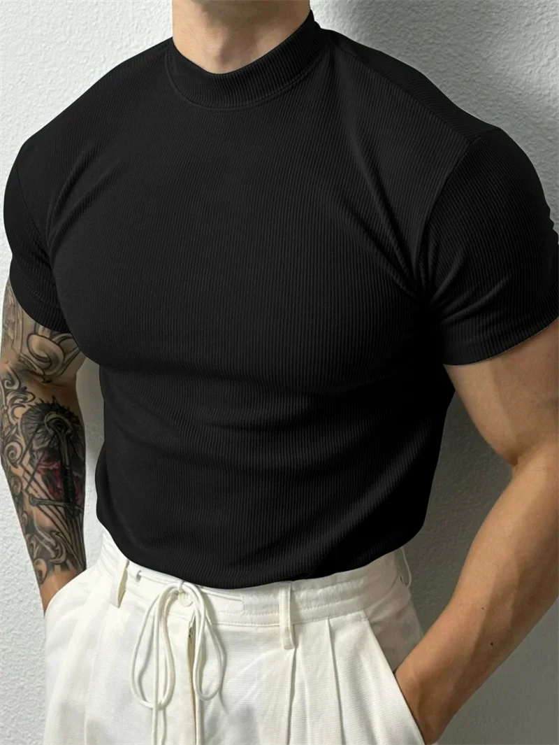 Short sleeve t shirt sport t shirt running t shirt running t shirts fitness clothes compression t shirt mens tank tops men t shirts men undershirts men linen t shirt Men summer fashion Men's T-shirt Small high collar stripe shirt short sleeve fitness top close-fitting sport T-shirt Mens sports