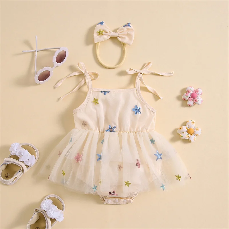 

Комбинезон для новорожденных девочек принцесс комбинезон с повязкой на голову без рукавов с блестками звездами Тюлевая юбка боди летняя одежда