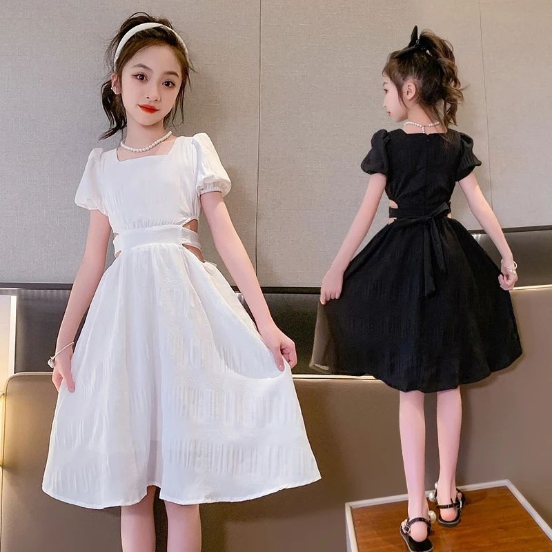 Детское вечернее платье, белое, черное летнее Элегантное Длинное платье принцессы для девочек, красивое платье, костюм для девочек