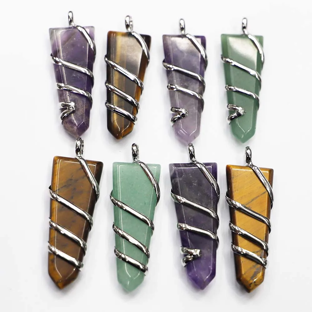 Fashion Natural Stone Multicolor Multilateral Wire Arrow Necklace Pendant Mineral Cure Charms Jewelry Accessories Wholesale 4Pcs