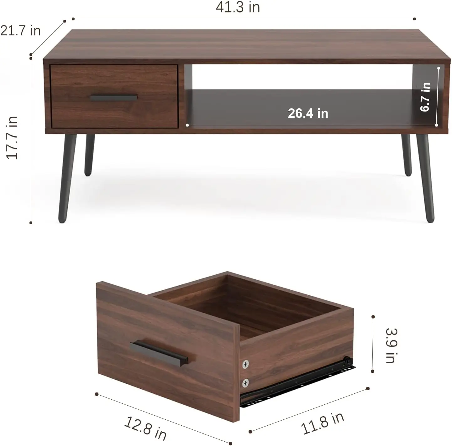 Coffee Table, Mid Century Modern Center Table for Living Room with Storage, Walnut Tea Table with Drawer, Open Storage Shelf 4