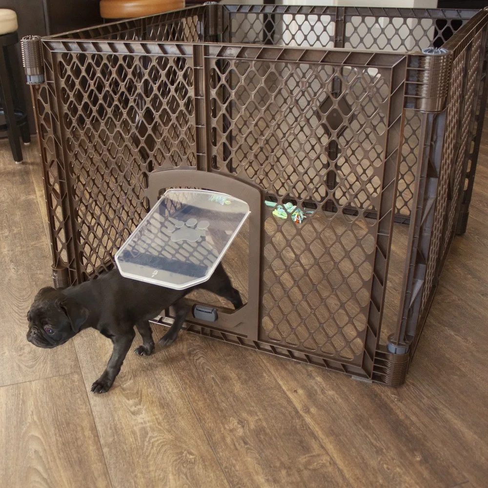 

Pet Playpens Brown Playpen for Dogs Indoor Outdoor Retractable Door 4 Panel Plastic Dog Playpen Jaul-f-houses and Fencing Fence