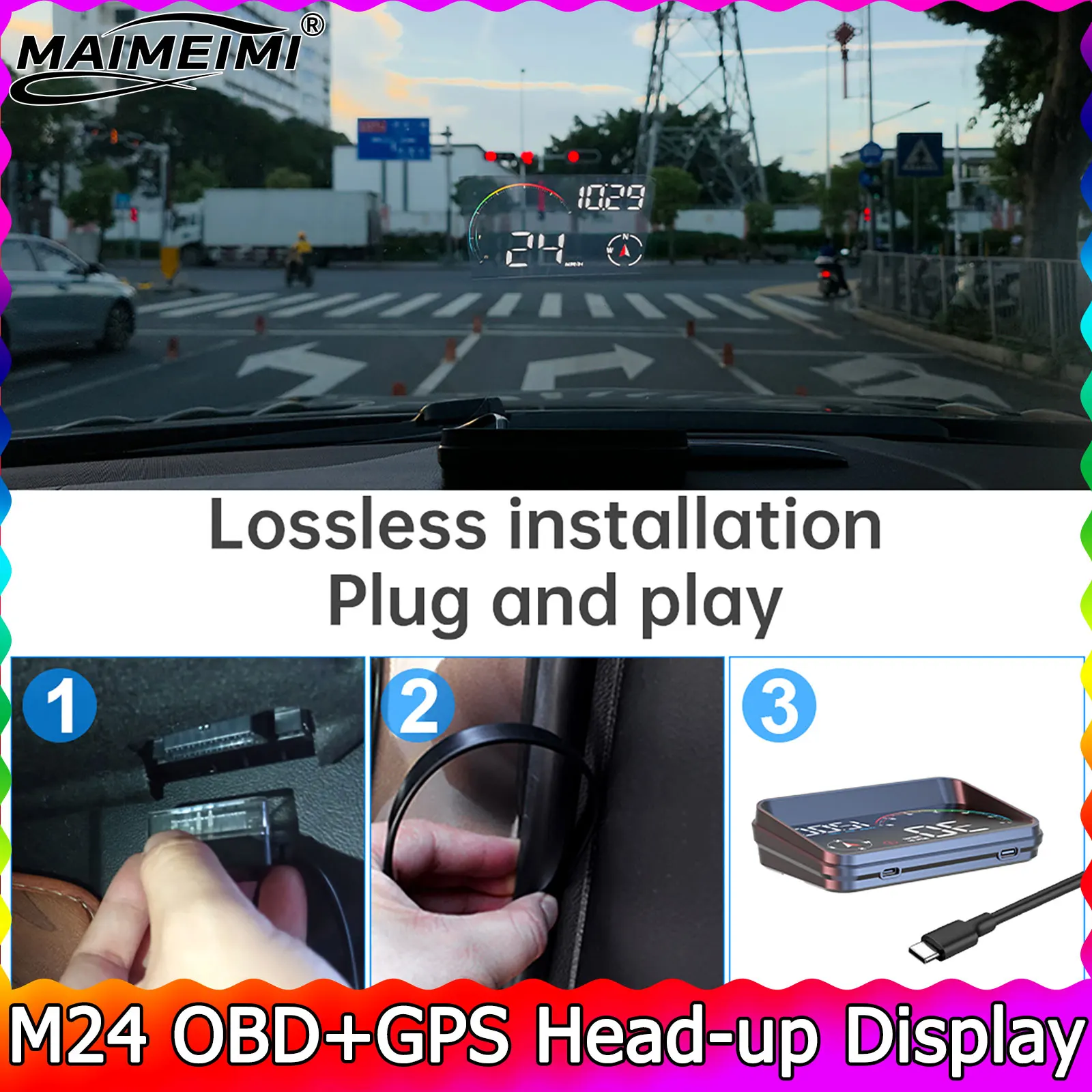 M24 HUD 게이지 스마트 속도계 OBD+GPS 자동차 전자장치 헤드업 디스플레이 터보 RPM 알람 수온 자동차 과속 경보
