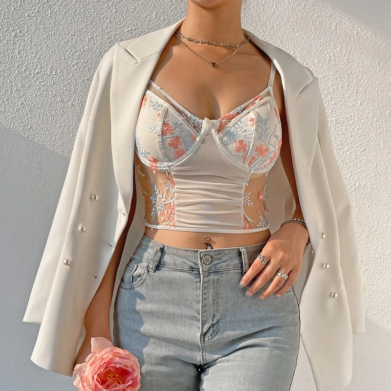 

Women Camis Tops Sexy Embroidery Lace Women Corset Bralette Floral Crop Tanks Vest Elegant French Chic Party Clubwear Streetwear