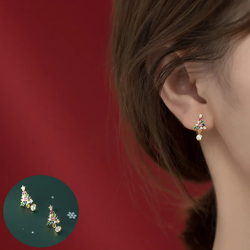 

100% 925 Sterling Silver Zircon Plant Earrings for Woman Girl Simple Star Christmas Tree Design Jewelry Party Gift Dropshipping