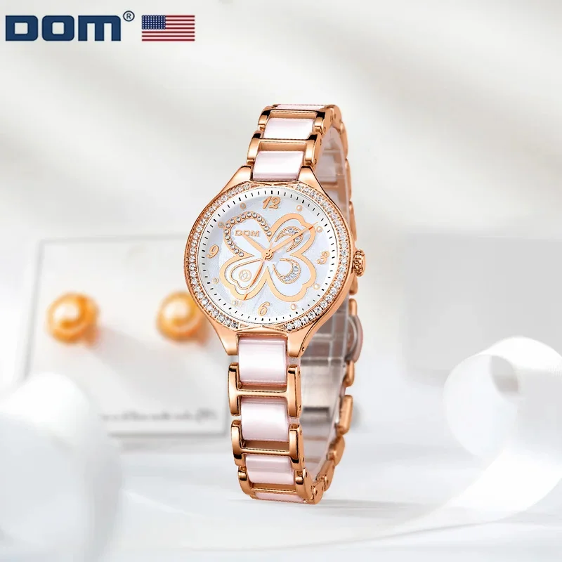 

DOM 1271 Quartz Watch Women Lucky Clover Watches Fashion Diamond Pointer Ceramics Watchband Wristwatches for Girl Clock Gift