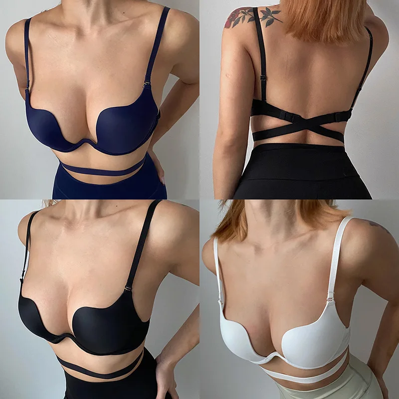 

Sexy U Backless Bras Lingerie Women Underwear Low Cut Push Up Intimates Female Breathable Bralette Invisible Without Trace Cup