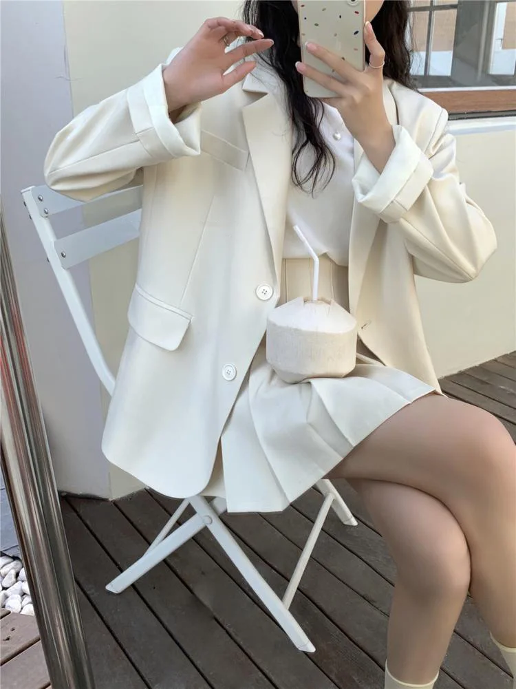 Korean Fashion Solid Two-piece Skirt Set Women Single Breasted Blazer Coat + Pleated Mini Skirt Autumn Office Lady Casual Suits