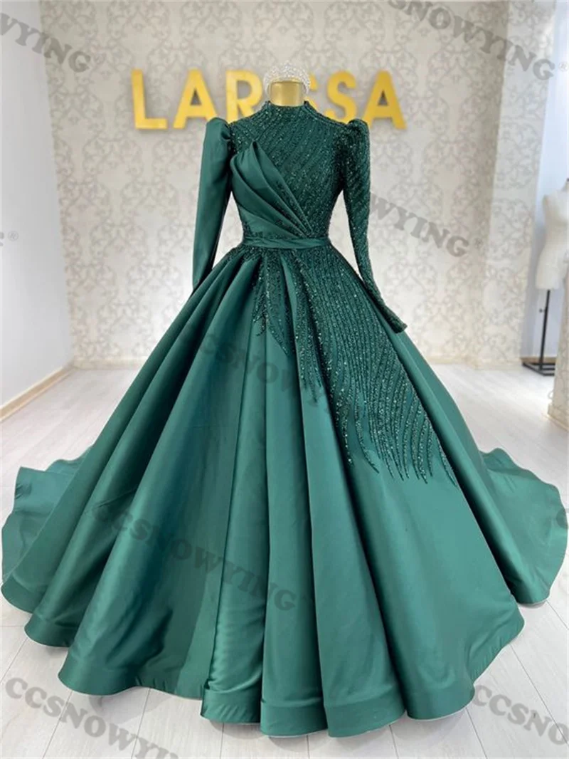

Satin Appliques Beaded Hijab Muslim Evening Dresses Islamic Long Sleeve Formal Party Gown Arabic Dubai Women Robes De Soirée