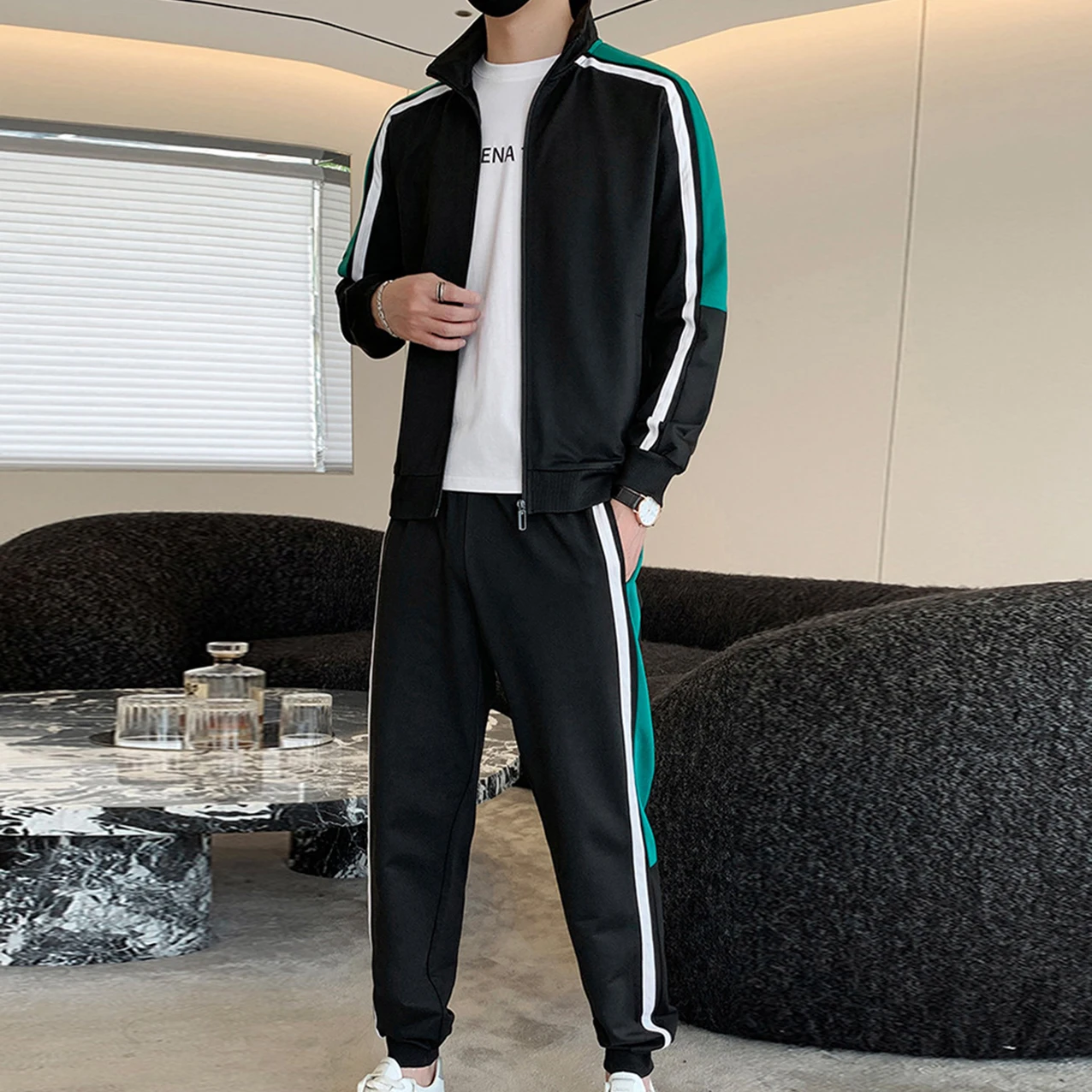Fashion Korean Version Men's Patchwork Zippered Sportswear+Pants Set 2023New Spring Autumn Leisure Jogging Fitness Two-Piece Set