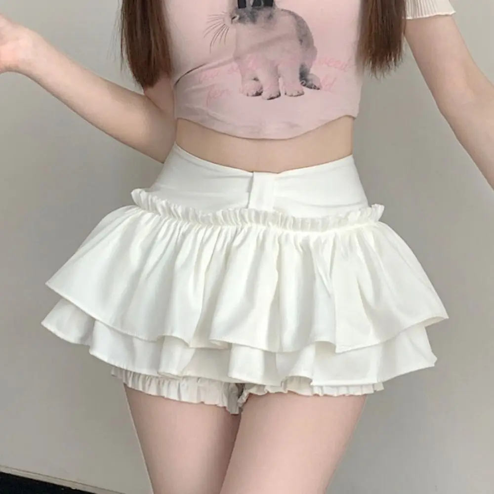 Double Layered Mini Cake Skirts A-line Irregular Belt High Waisted Pleated Skirt Korean Style Lolita Shorts Mini Skirt Lady