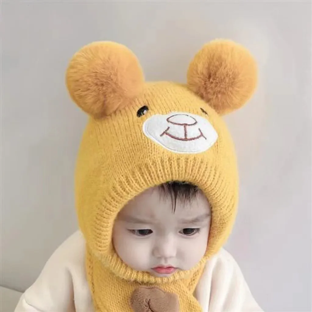 Pompoms Cartoon Outdoor Knit Wool Bomber Hats Baby Autumn Winter Thick Warm Hats Caps for Newborn Infant Toddler