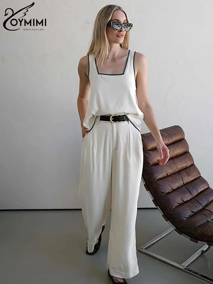 

Oymimi Casual White Loose Sets For Women 2 Pieces Elegant Square Neck Tank Tops And High Waisted Simple Trousers Female Sets