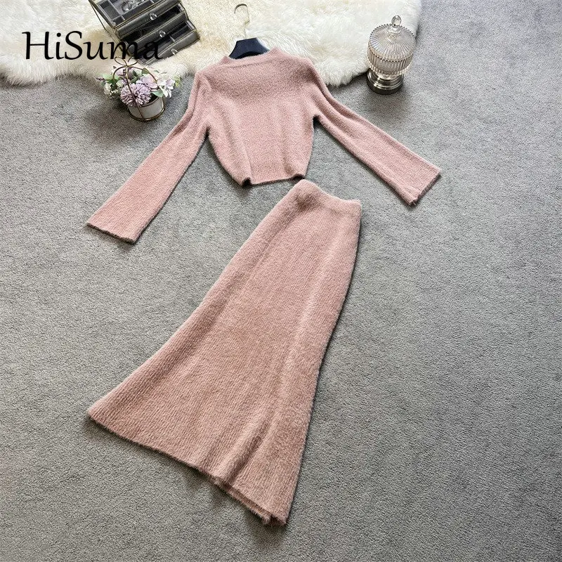 

2023 winter new women o-neck mohair knit sweater + high waist knitted sheath buttock fishtail skirt suit female two piece sets
