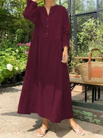 Women's Elegant Solid Cotton Robe Femme 2022 Spring Autumn Bohemian Maxi Dress ZANZEA Casual Long Sleeve Shirt Dresses Oversized - Image 2