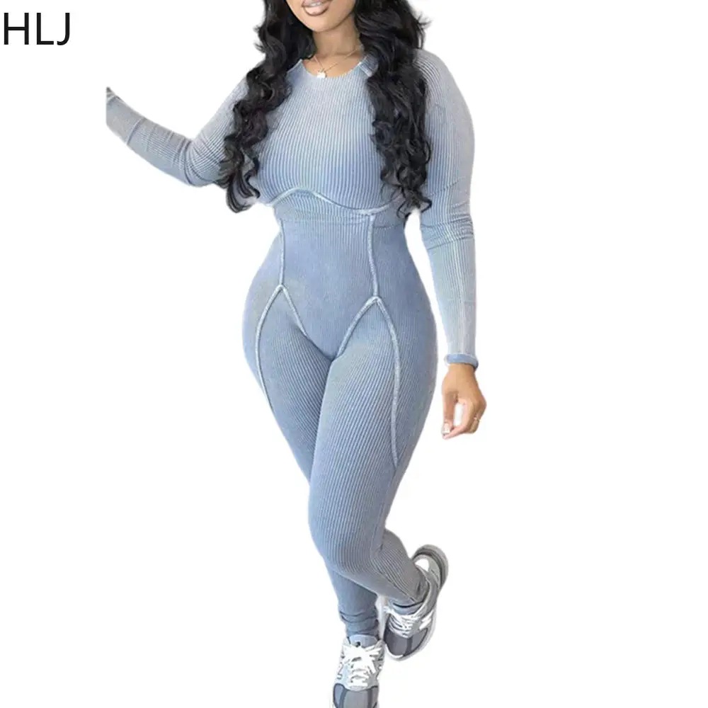 HLJ Gray Casual Solid Stitching Legging Pants Jumpsuits Women Round Neck Long Sleeve Bodycon Playsuits Female Sporty Overalls