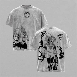 Vintage Washed Oversized Meliodas Graphic T - Shirt - Summer Cotton Short Sleeve Tee - S (Gray)