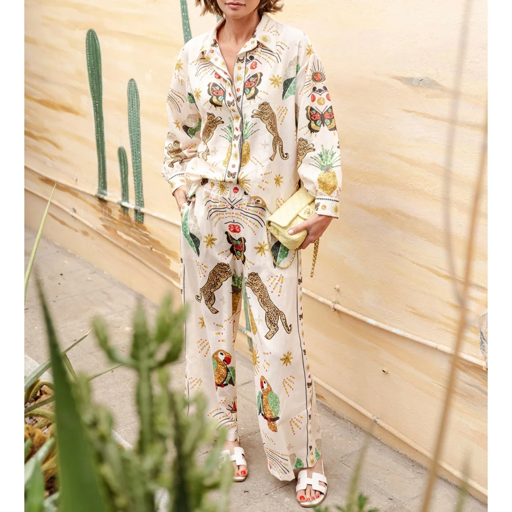 

Combhasaki Women's Y2K 2Piece Aesthetic All-over Printed Set Long Sleeve Lapel Button T-Shirt+Elastic Waist Wide Legs Long Pants
