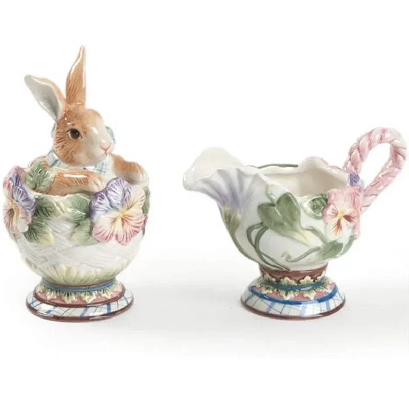 American Hand-painted Idyllic Dishes Ceramic Rabbit Teapot Coffee Cup Dinner Plates Garden Afternoon Tea Set Snack Storage