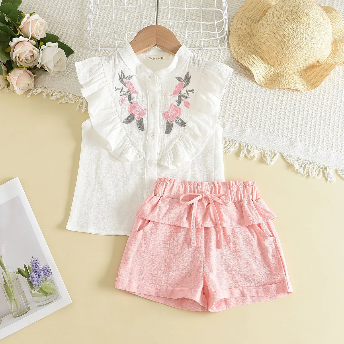 Kids Clothing Set Girls Clothing Set Menoea Girls' Set Summer Kids' Round Neck Flower Embroidered Sleeveless Top+Lace Up Shorts Two Piece Fashion Casual Vacation Set