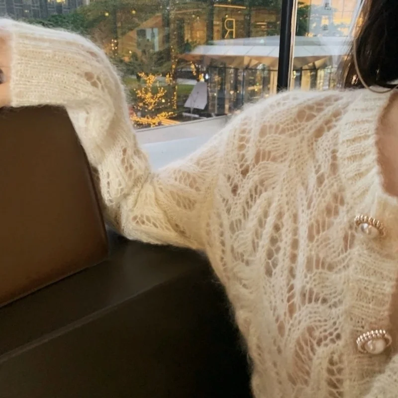 Autumn Vintage Elegant Female Cardigan Sweaters Winter Long Sleeve Women Fashion Hollow Out Elegant Knitted Tops