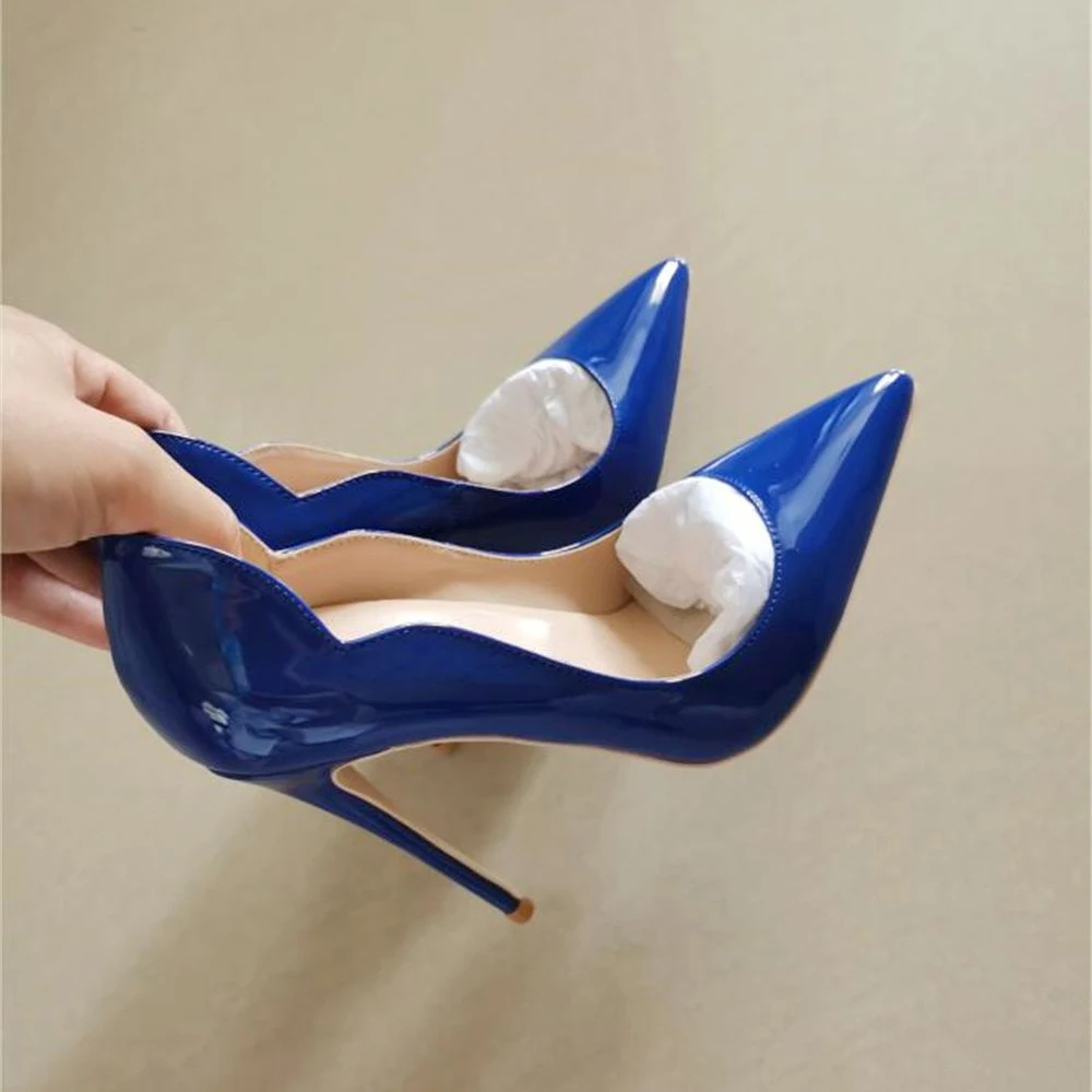 

Blue Curl Upper Women Patent PU Pointed Toe Stiletto 12cm High Heels Sexy Ladies Party Dress Shoes Club Dance 10cm Pumps QP042