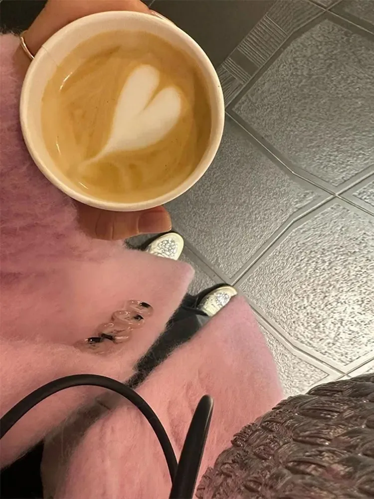 핑크 라펠 울 플러시 코트 여성 우아한 긴 소매 버튼 오피스 레이디 블레이저 재킷 2025 겨울 패션 패킷 루즈 코트