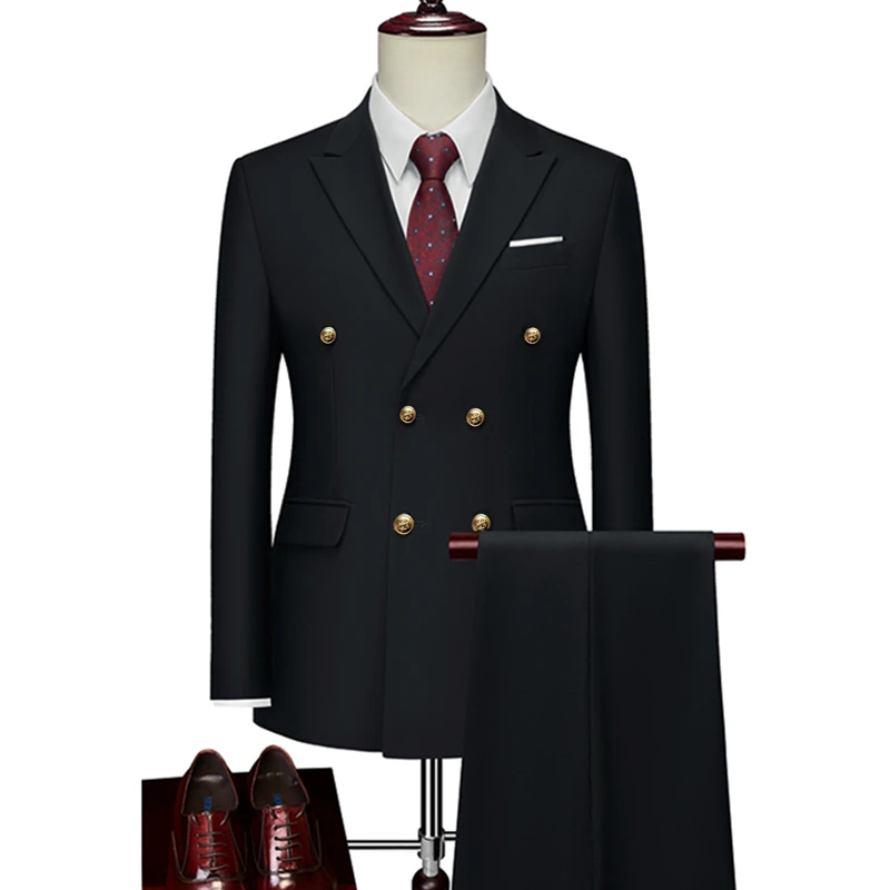 Men Slim Fit Fashion Business Casual Double Breasted Blazers Jacket Coat Trousers Wedding Groom Party Skinny 2 Pcs Suits Pants mens suit