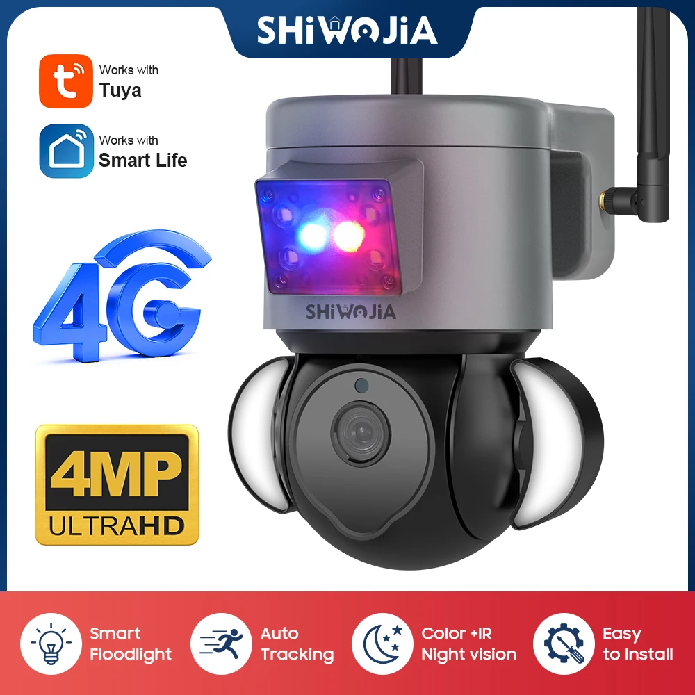 

SHIWOJIA 2K 4MP Security Camera 4G SIM Tuya WIFI Surveillance Camera with Anti-theft Siren Alarm CCTV Camera Alexa Motion Senor